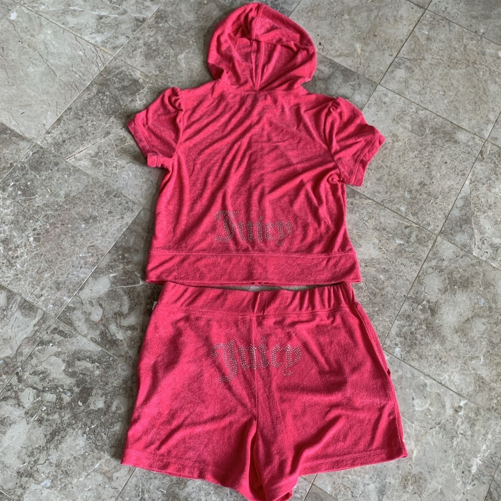 Juicy Couture Women's Terry Cloth Track Set Size L Fuchsia Hoodie Shorts Y2K NWT
